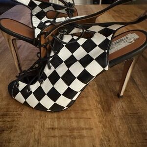 Rebecca minkoff black white checkered leather peep toe lace up heels shoes Rio